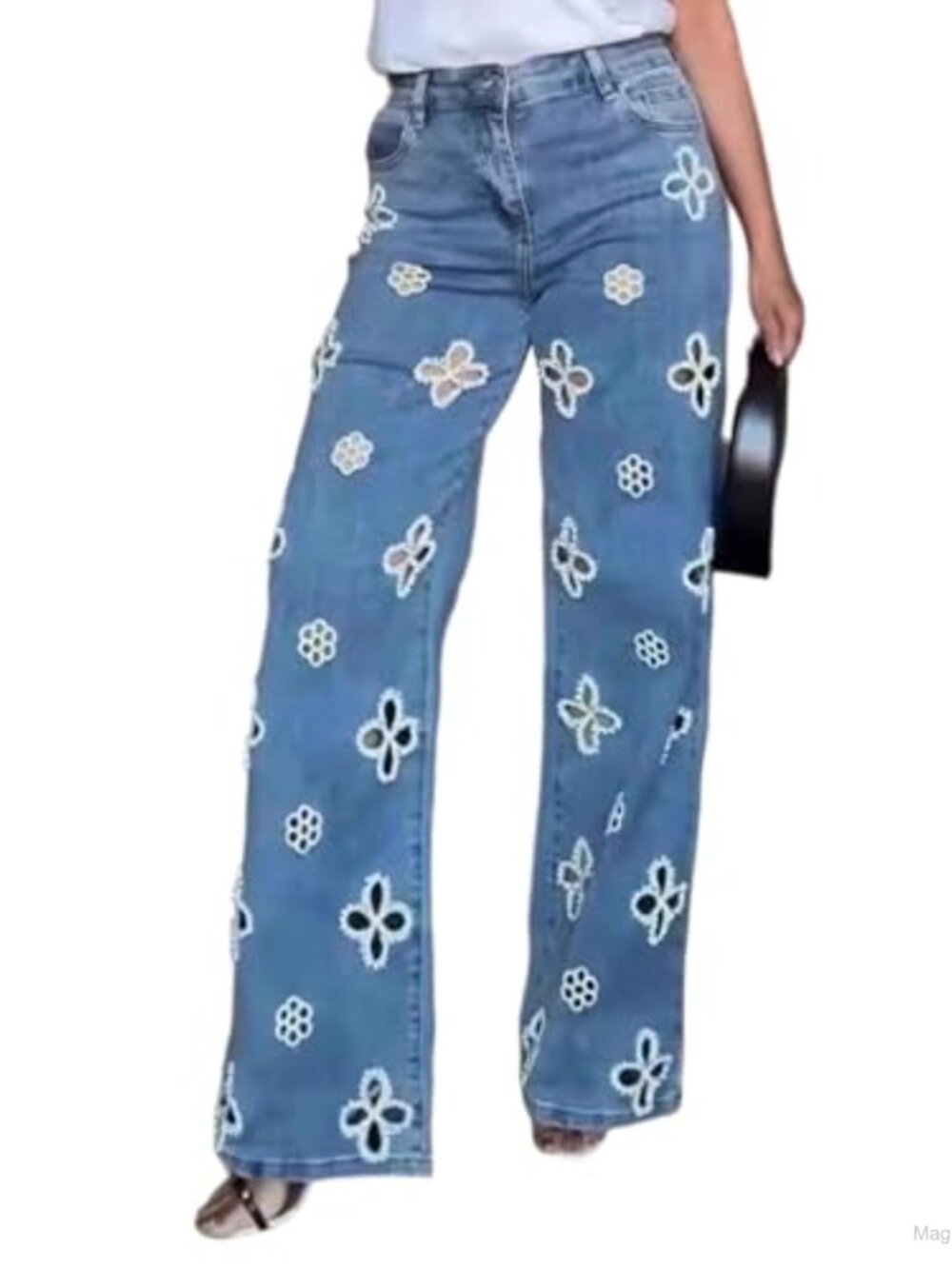 Pearl Embellished High Waisted Jeans Sparkly Glitter Denim Pants